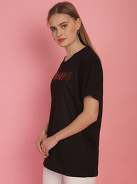 Vimal Jonney Round Neck Cotton Printed Black T-Shirt for Women