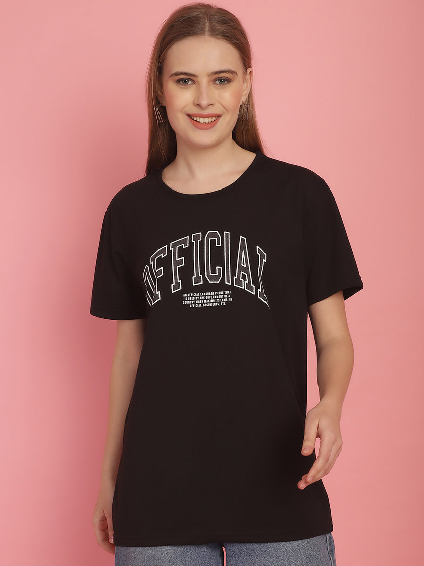 Vimal Jonney Round Neck Cotton Printed Black T-Shirt for Women