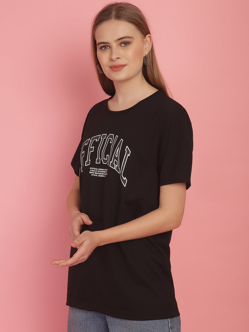 Vimal Jonney Round Neck Cotton Printed Black T-Shirt for Women