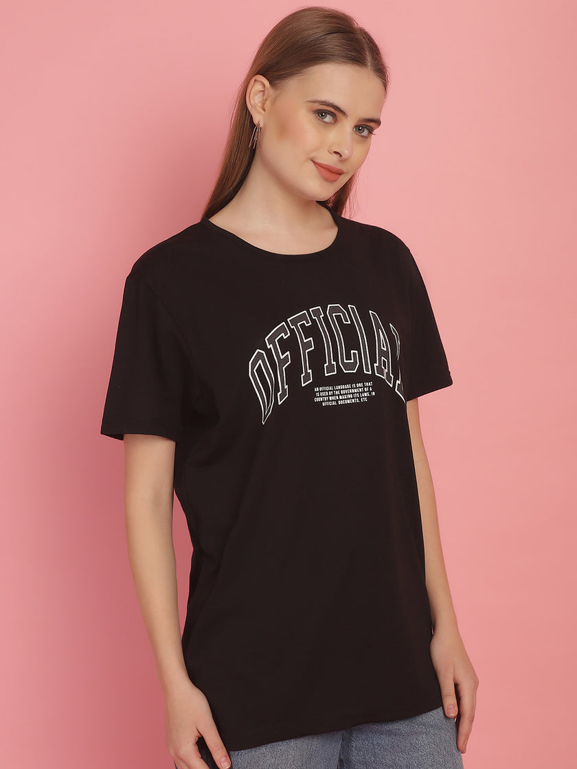 Vimal Jonney Round Neck Cotton Printed Black T-Shirt for Women