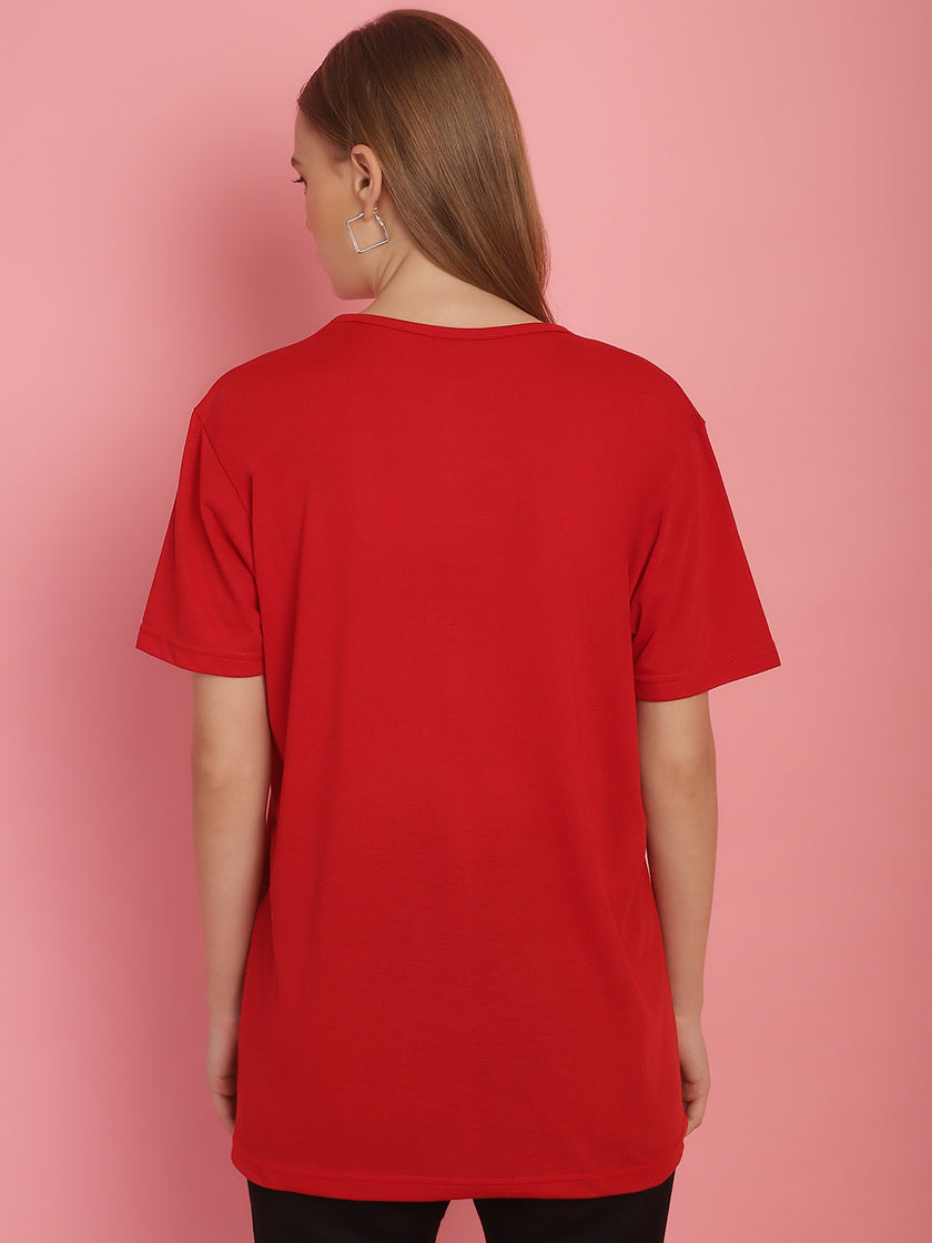 Vimal Jonney Round Neck Cotton Printed Red T-Shirt for Women