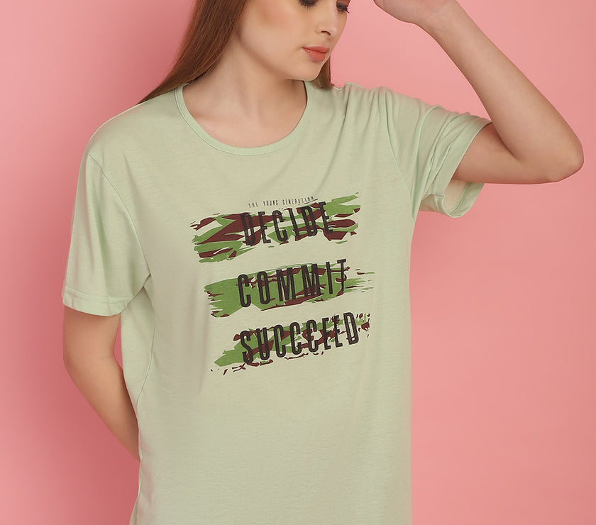 Vimal Jonney Round Neck Cotton Printed Light Green T-Shirt for Women