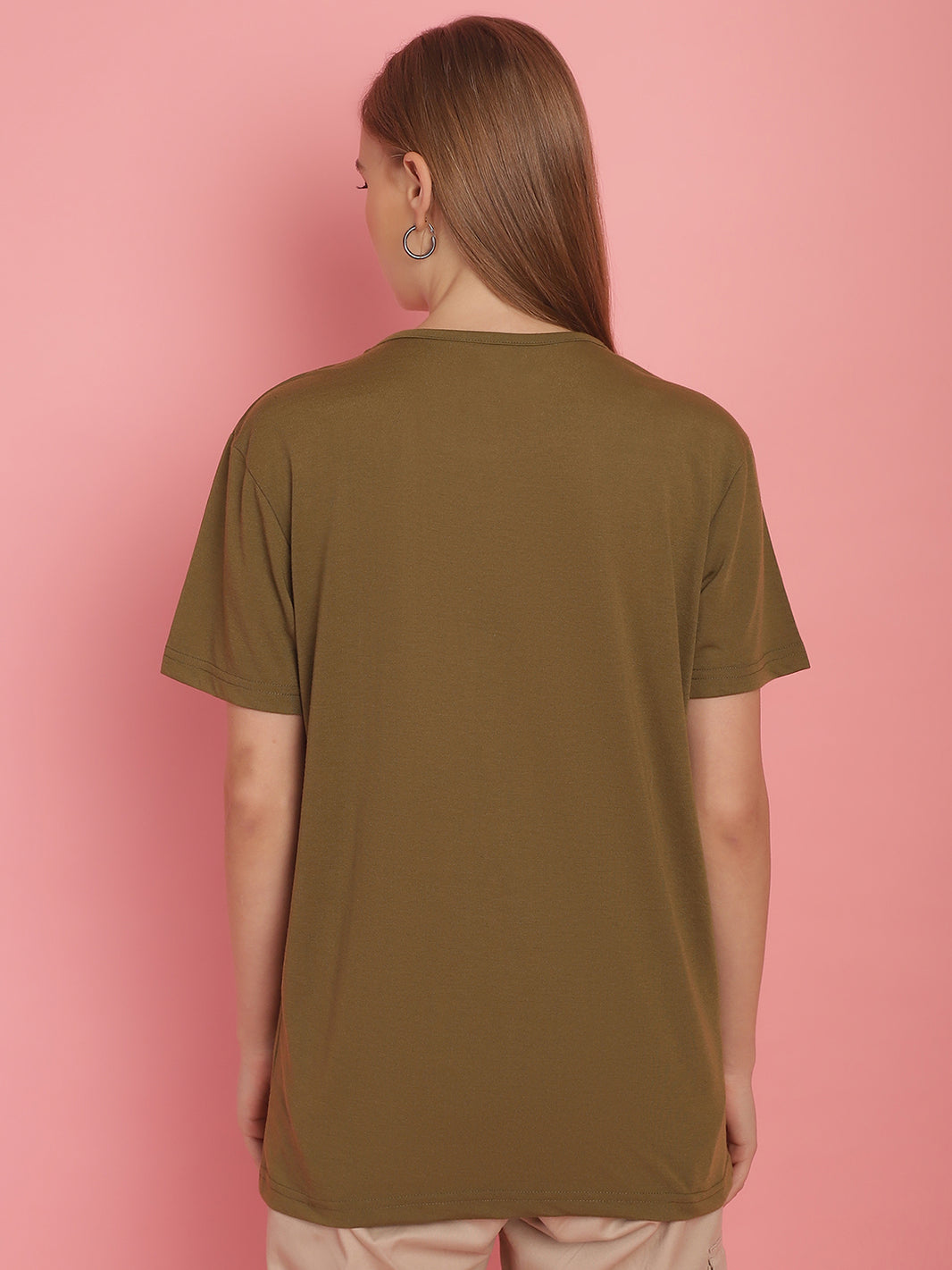 Vimal Jonney Round Neck Cotton Printed Olive T-Shirt for Women