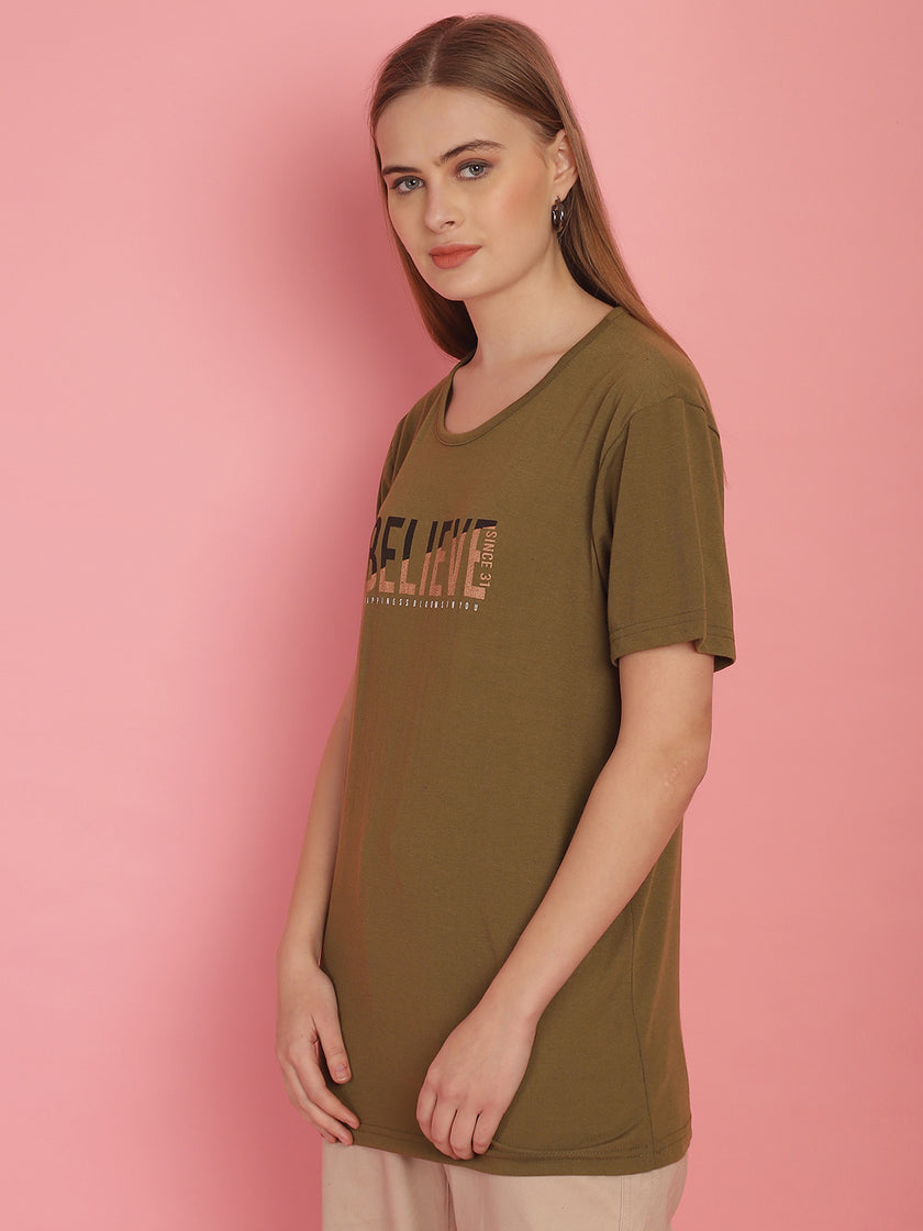 Vimal Jonney Round Neck Cotton Printed Olive T-Shirt for Women