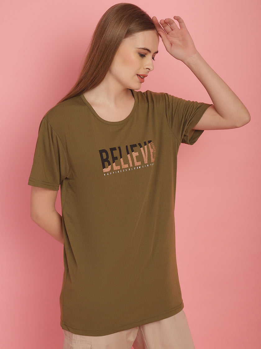 Vimal Jonney Round Neck Cotton Printed Olive T-Shirt for Women