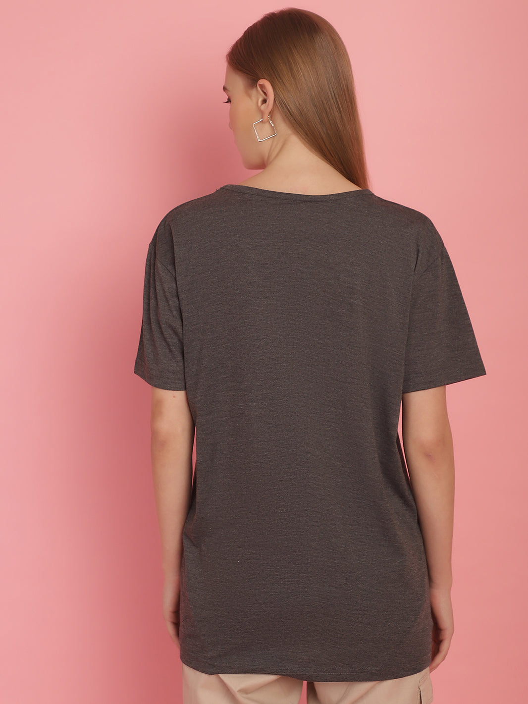 Vimal Jonney Round Neck Cotton Printed Anthracite T-Shirt for Women