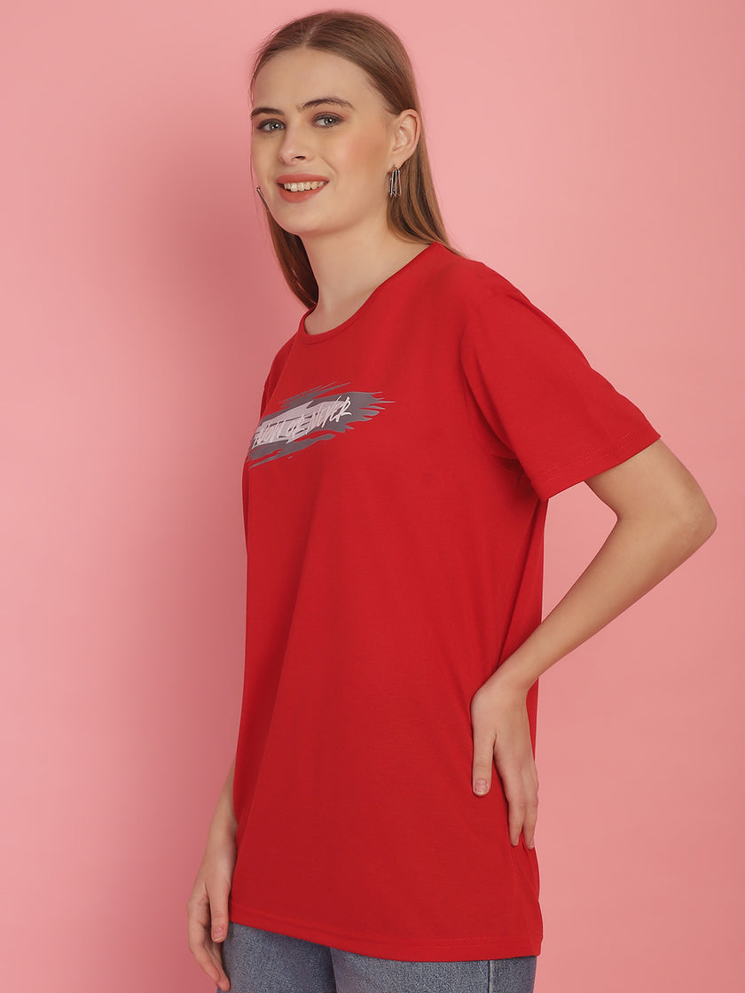 Vimal Jonney Printed Red Round Neck Cotton Half sleeves Tshirt For Women