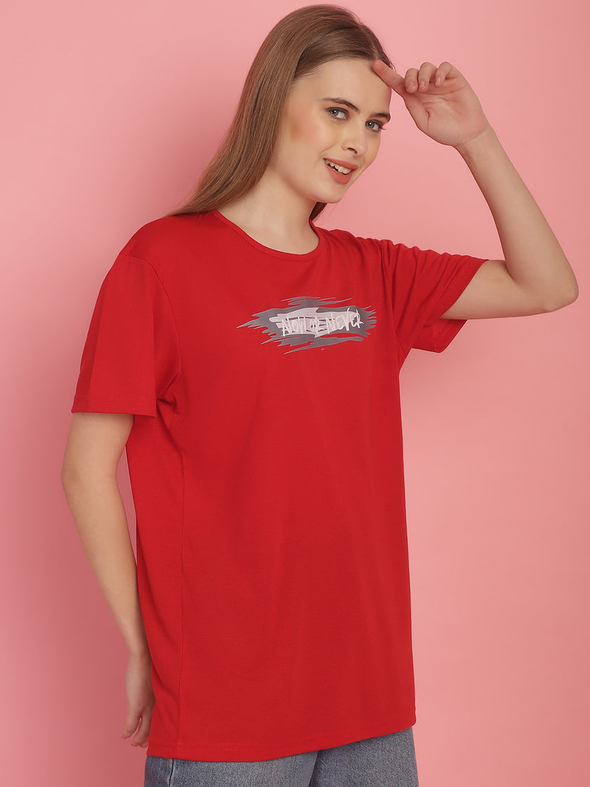 Vimal Jonney Printed Red Round Neck Cotton Half sleeves Tshirt For Women