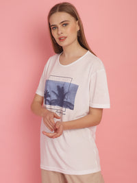 Vimal Jonney Printed White Round Neck Cotton Half sleeves Tshirt For Women