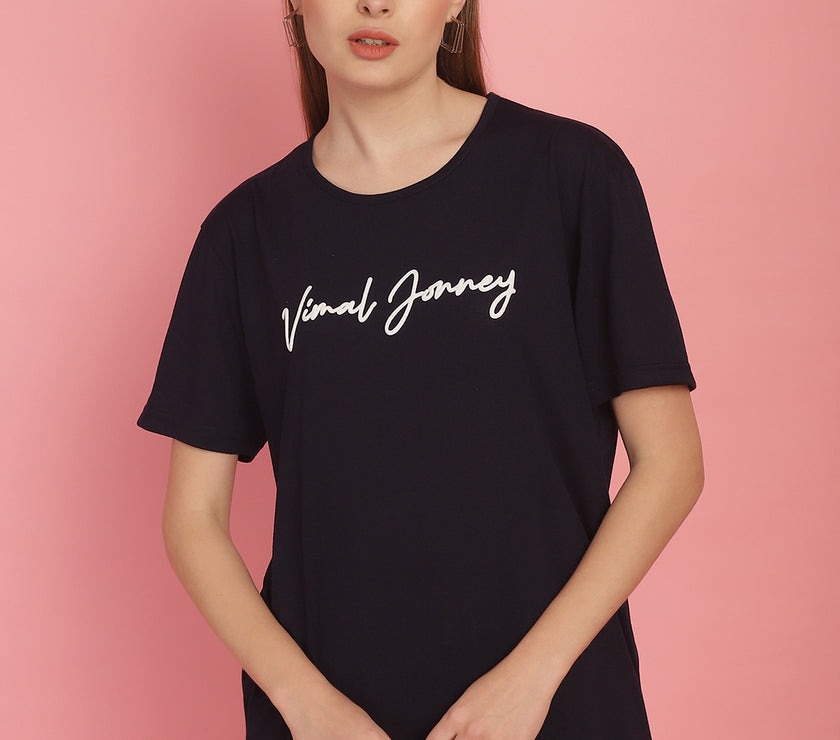 Vimal Jonney Navy Blue Logo Printed Round Neck Cotton Half sleeves Tshirt For Women