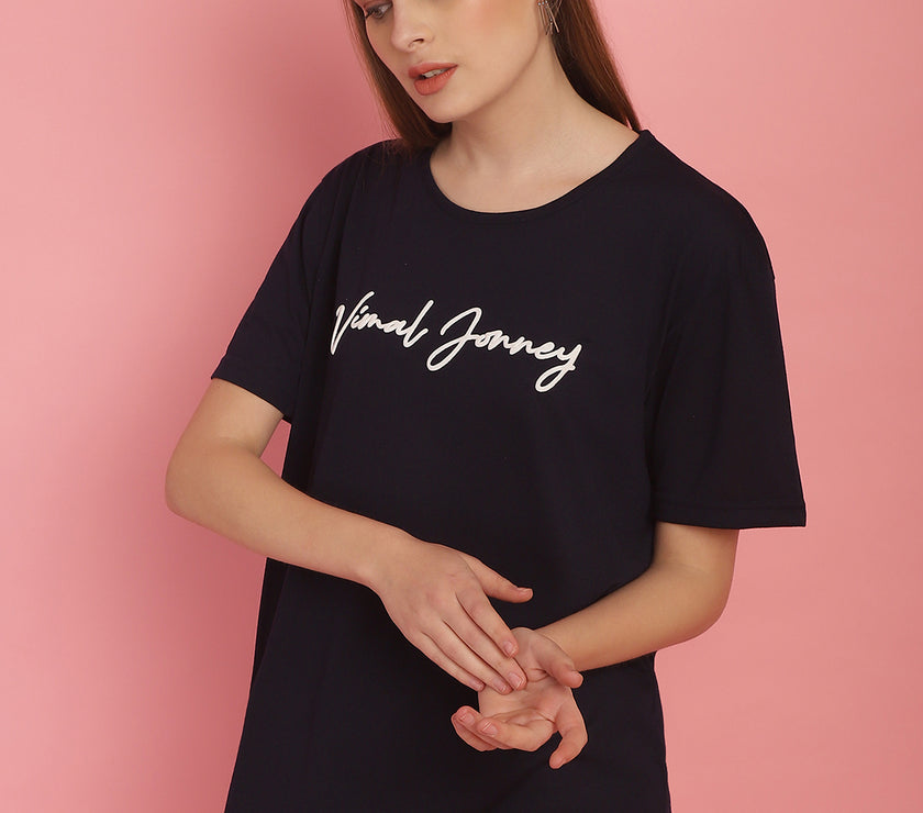 Vimal Jonney Navy Blue Logo Printed Round Neck Cotton Half sleeves Tshirt For Women