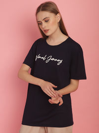 Vimal Jonney Navy Blue Logo Printed Round Neck Cotton Half sleeves Tshirt For Women