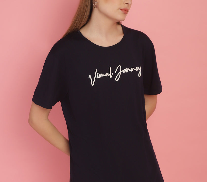 Vimal Jonney Navy Blue Logo Printed Round Neck Cotton Half sleeves Tshirt For Women