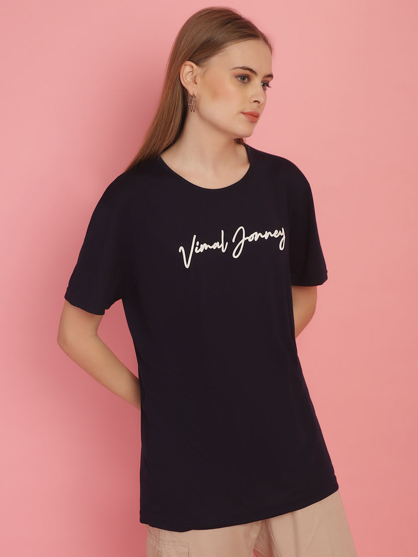 Vimal Jonney Navy Blue Logo Printed Round Neck Cotton Half sleeves Tshirt For Women