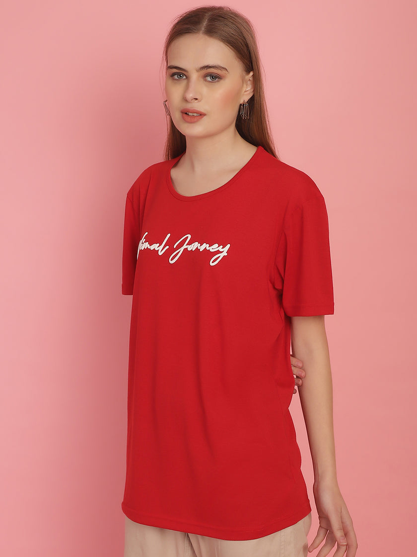 Vimal Jonney Red Logo Printed Round Neck Cotton Half sleeves Tshirt For Women