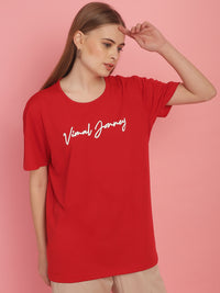 Vimal Jonney Red Logo Printed Round Neck Cotton Half sleeves Tshirt For Women