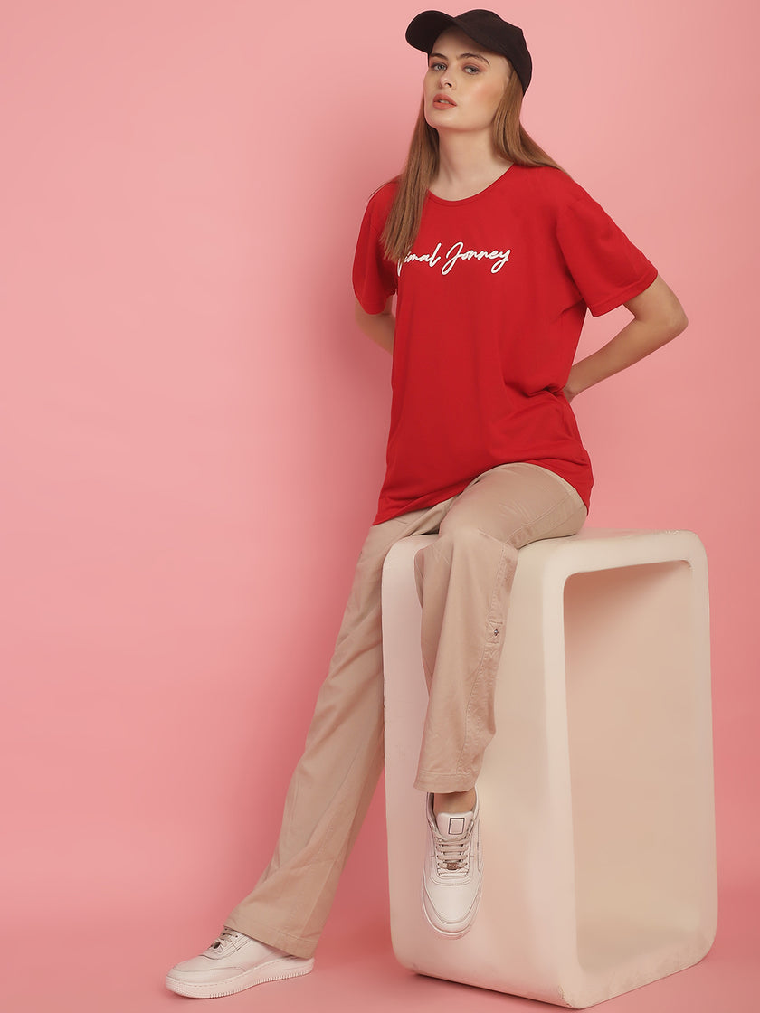 Vimal Jonney Red Logo Printed Round Neck Cotton Half sleeves Tshirt For Women