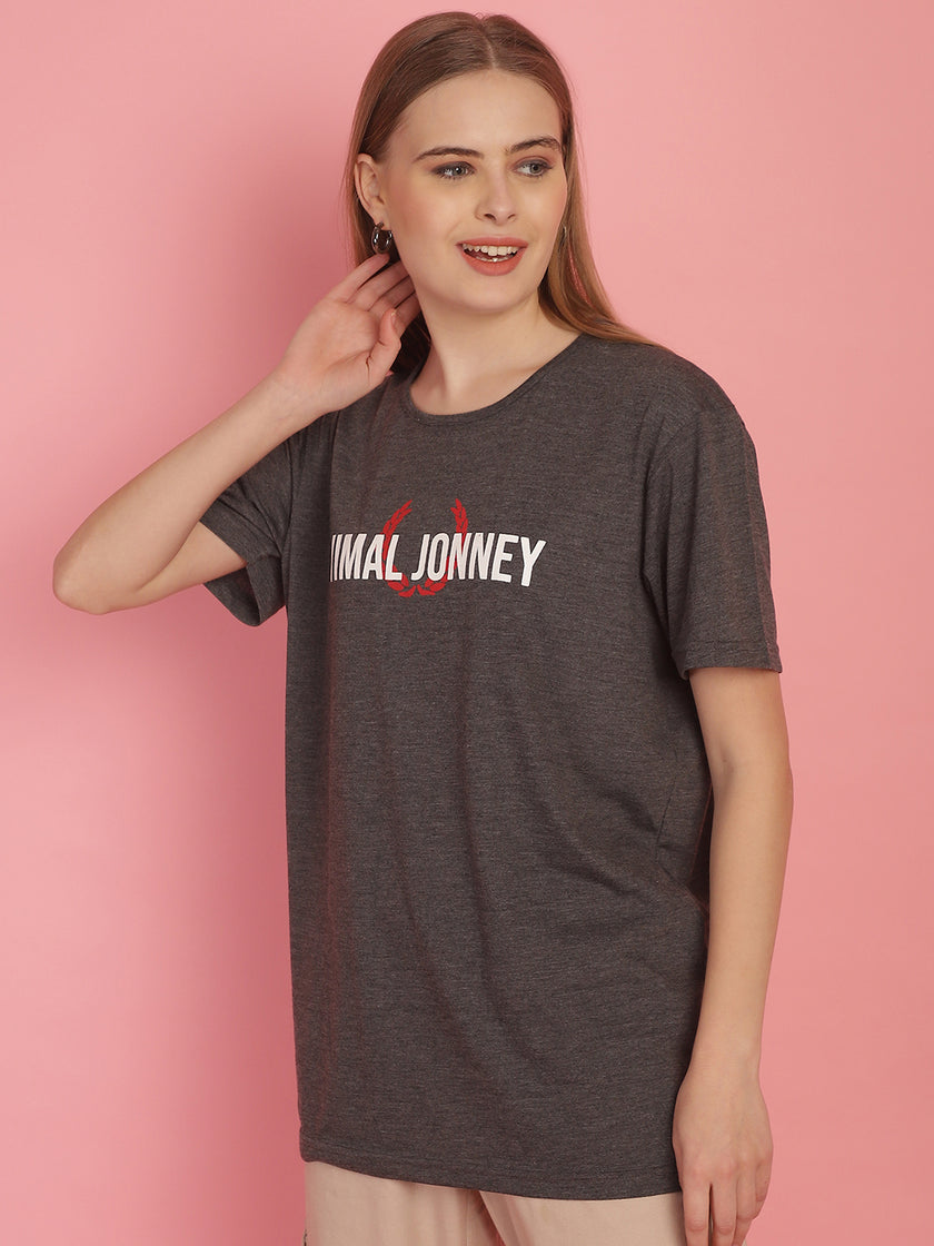 Vimal Jonney Grey Logo Printed Round Neck Cotton Half sleeves Tshirt For Women