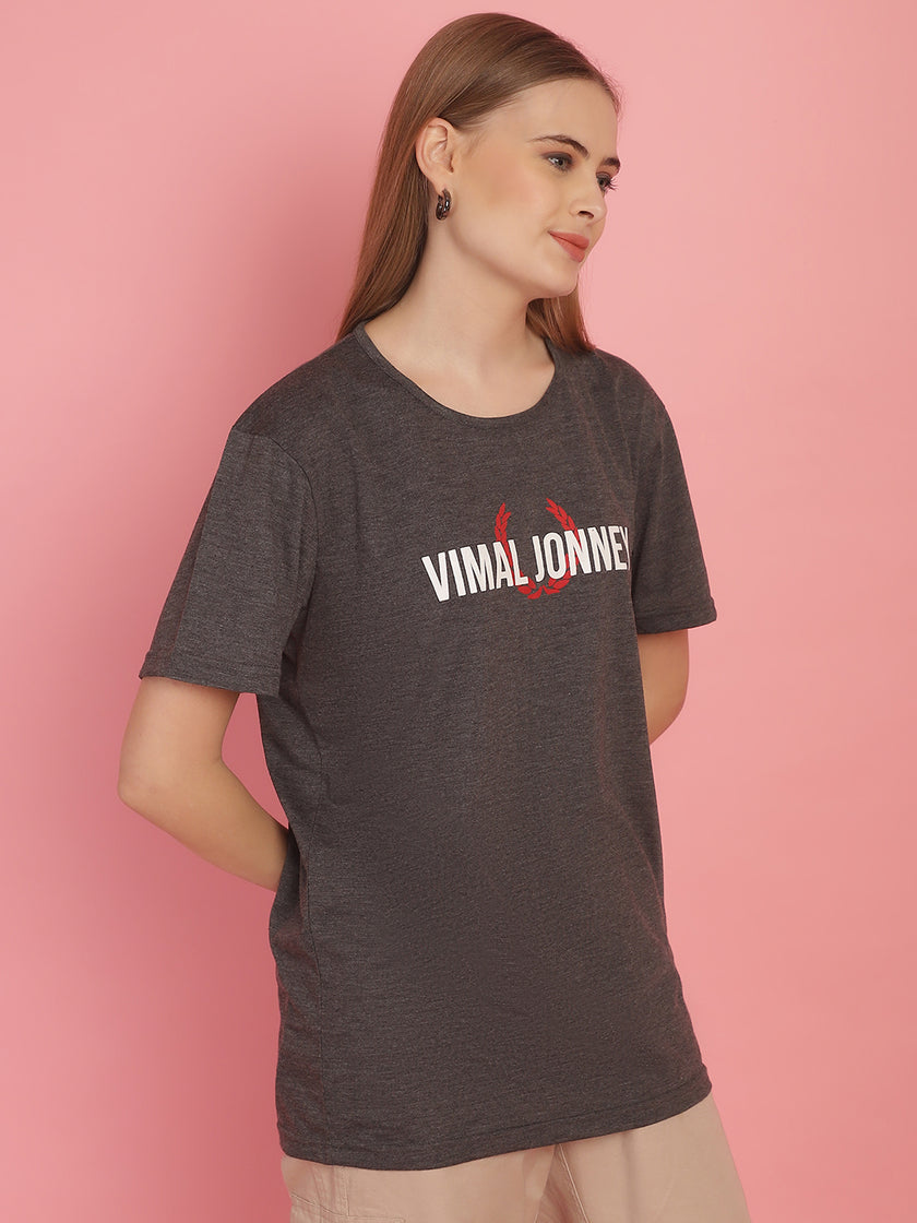 Vimal Jonney Grey Logo Printed Round Neck Cotton Half sleeves Tshirt For Women