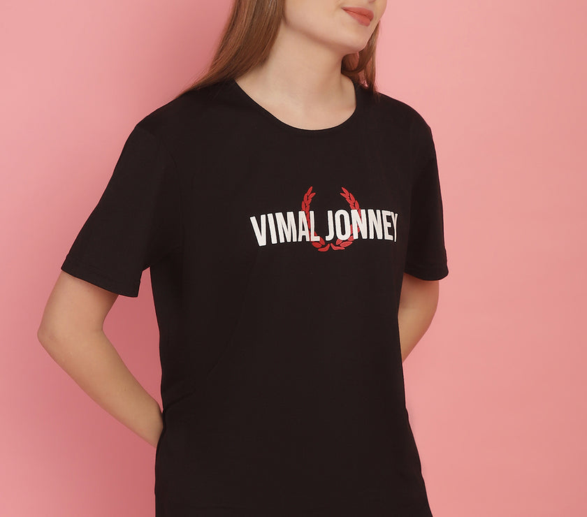 Vimal Jonney Black Logo Printed Round Neck Cotton Half sleeves Tshirt For Women