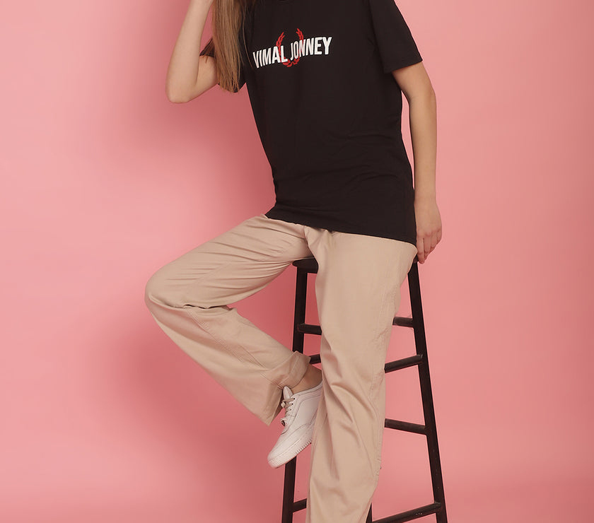 Vimal Jonney Black Logo Printed Round Neck Cotton Half sleeves Tshirt For Women