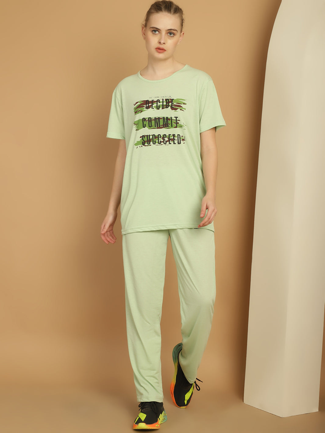 Vimal Jonney Light Green Cotton Printed Co-ord Set Tracksuit For Women