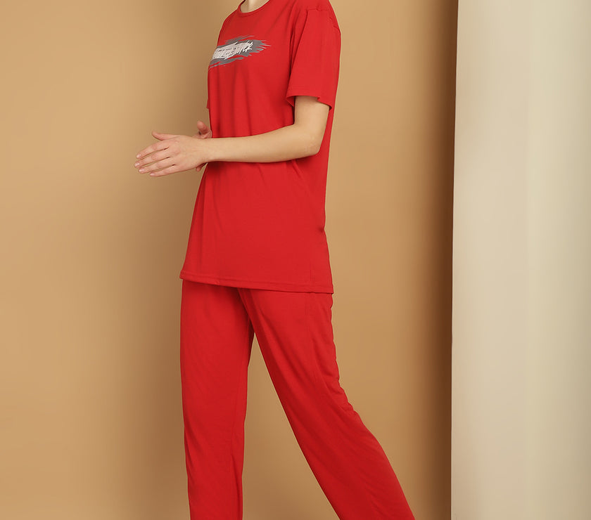 Vimal Jonney Printed  Red Round Neck Cotton  Half sleeves Co-ord set Tracksuit For Women