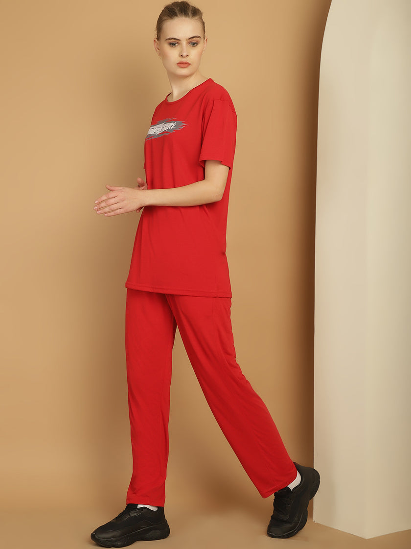 Vimal Jonney Printed  Red Round Neck Cotton  Half sleeves Co-ord set Tracksuit For Women