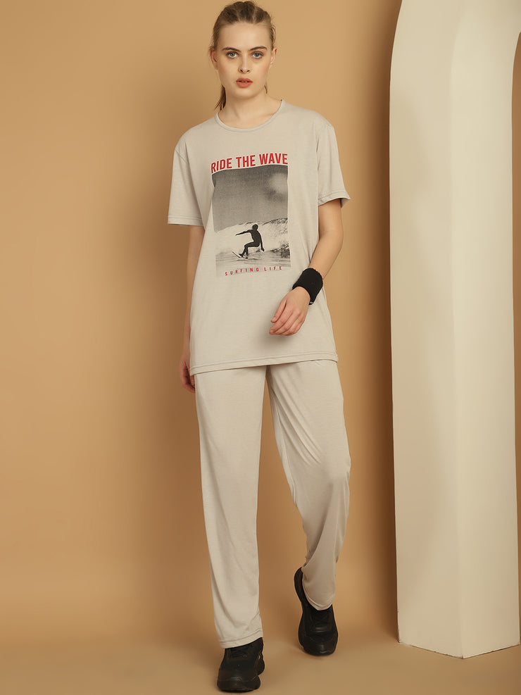 Vimal Jonney Printed  Light Grey Round Neck Cotton  Half sleeves Co-ord set Tracksuit For Women