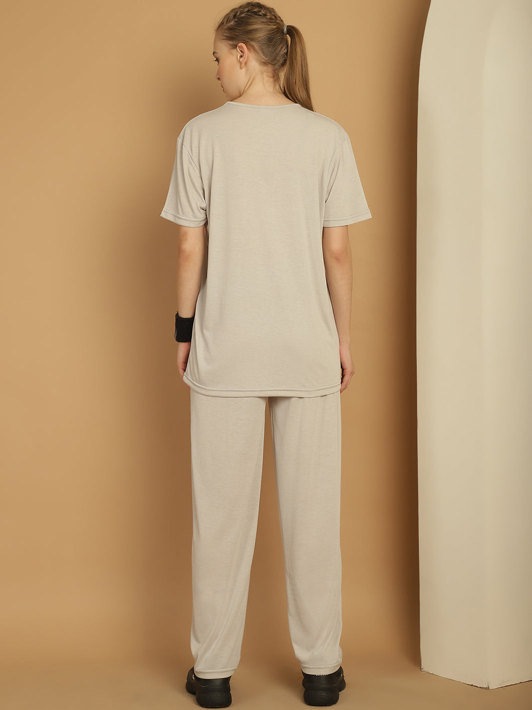 Vimal Jonney Printed  Light Grey Round Neck Cotton  Half sleeves Co-ord set Tracksuit For Women