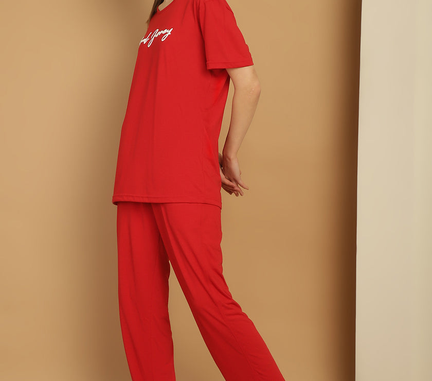 Vimal Jonney Logo Print  Red Round Neck Cotton  Half sleeves Co-ord set Tracksuit For Women