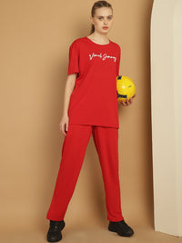Vimal Jonney Logo Print  Red Round Neck Cotton  Half sleeves Co-ord set Tracksuit For Women