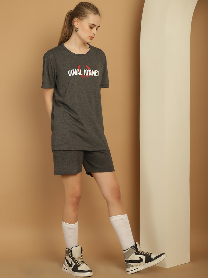 Vimal Jonney Logo Print  Grey Round Neck Cotton  Half sleeves Co-ord set Tracksuit For Women