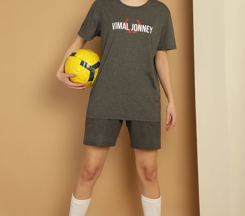 Vimal Jonney Logo Print  Grey Round Neck Cotton  Half sleeves Co-ord set Tracksuit For Women