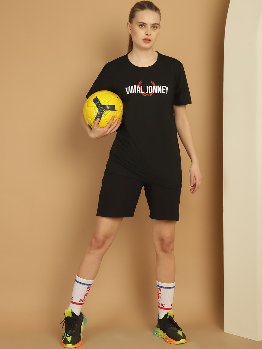 Vimal Jonney Logo Print  Black Round Neck Cotton  Half sleeves Co-ord set Tracksuit For Women