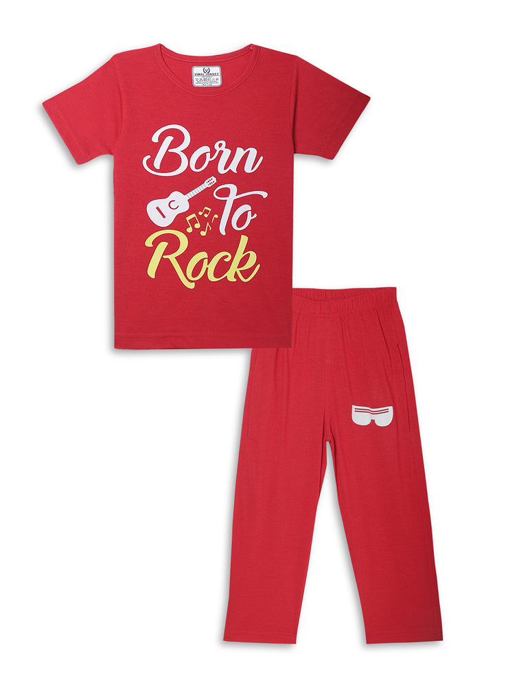 Vimal Jonney Printed Red Regular Fit Cotton blended Tshirt And Bottom Set For Kids