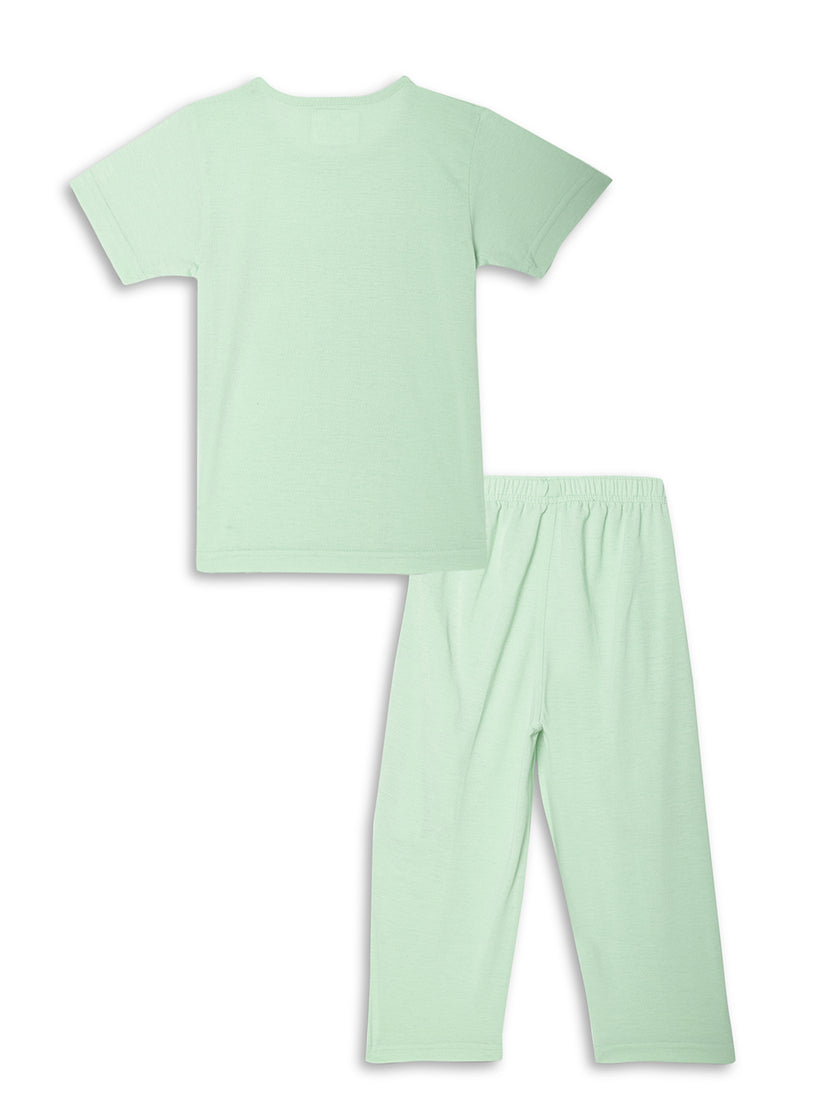 Vimal Jonney Printed Green Regular Fit Cotton blended Tshirt And Bottom Set For Kids