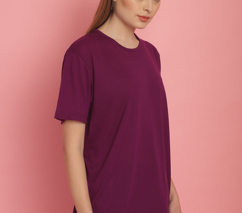 Vimal Jonney Round Neck Cotton Solid Purple T-Shirt for Women