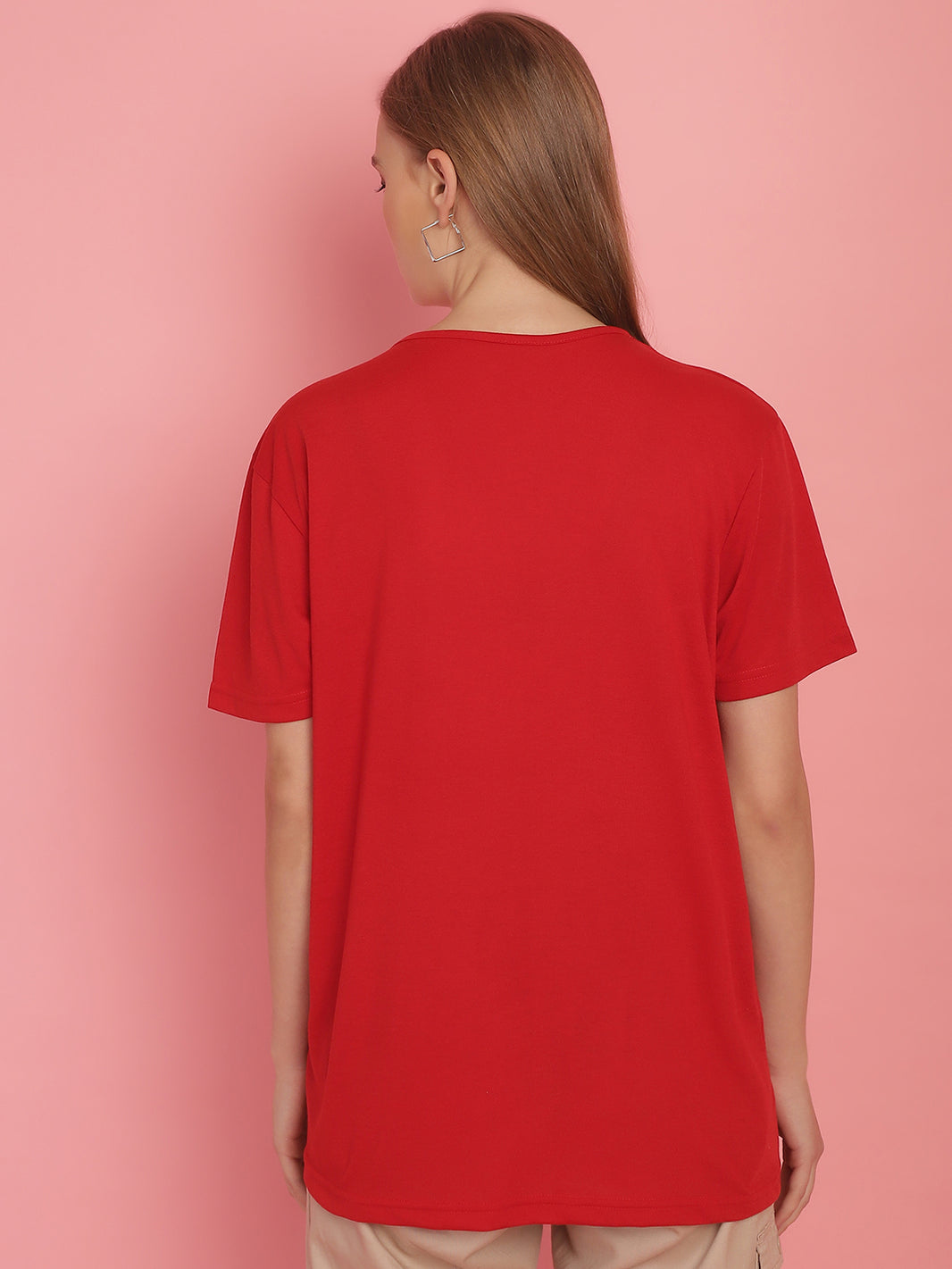 Vimal Jonney Round Neck Cotton Solid Red T-Shirt for Women