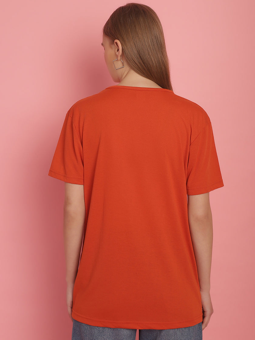 Vimal Jonney Round Neck Cotton Solid Rust T-Shirt for Women