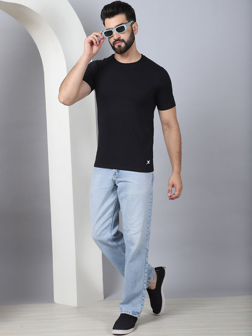 Vimal Jonney X Solid Black Round Neck Cotton Half sleeves Tshirt For Men