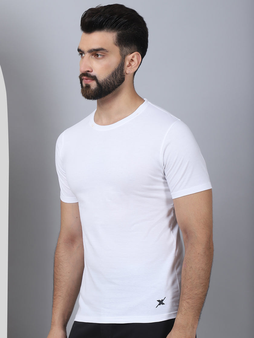 Vimal Jonney X Solid White Round Neck Cotton Half sleeves Tshirt For Men