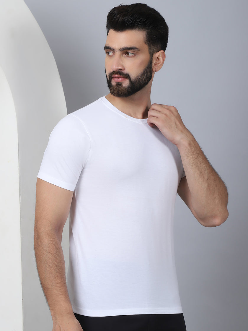 Vimal Jonney X Solid White Round Neck Cotton Half sleeves Tshirt For Men