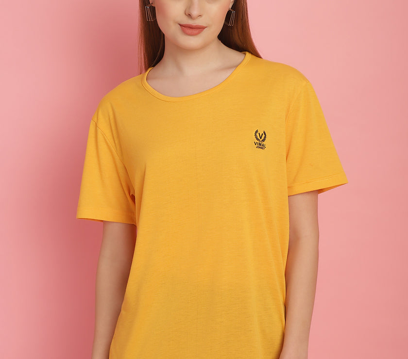 Vimal Jonney Round Neck Cotton Solid Yellow T-Shirt for Women