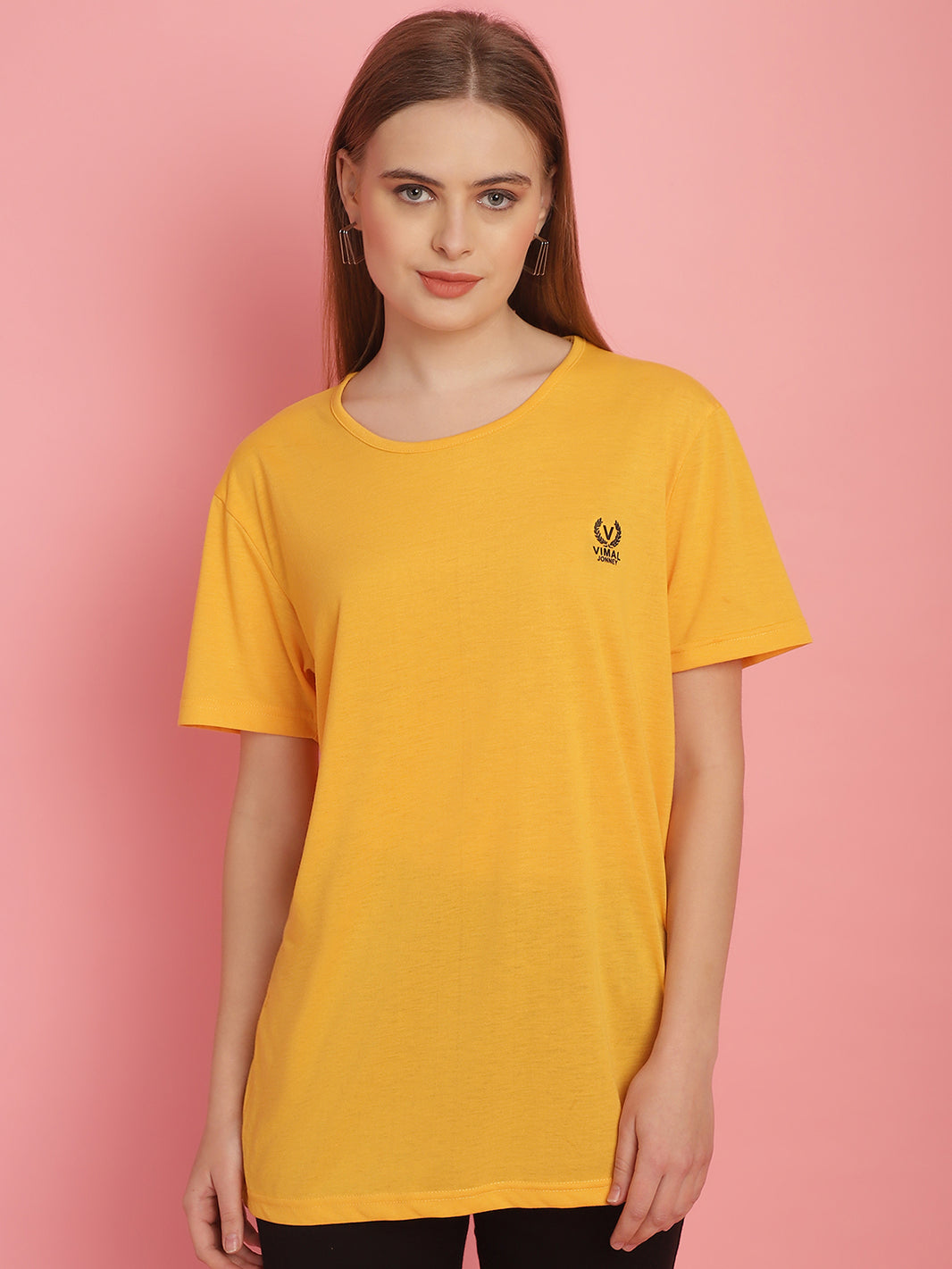 Vimal Jonney Round Neck Cotton Solid Yellow T-Shirt for Women