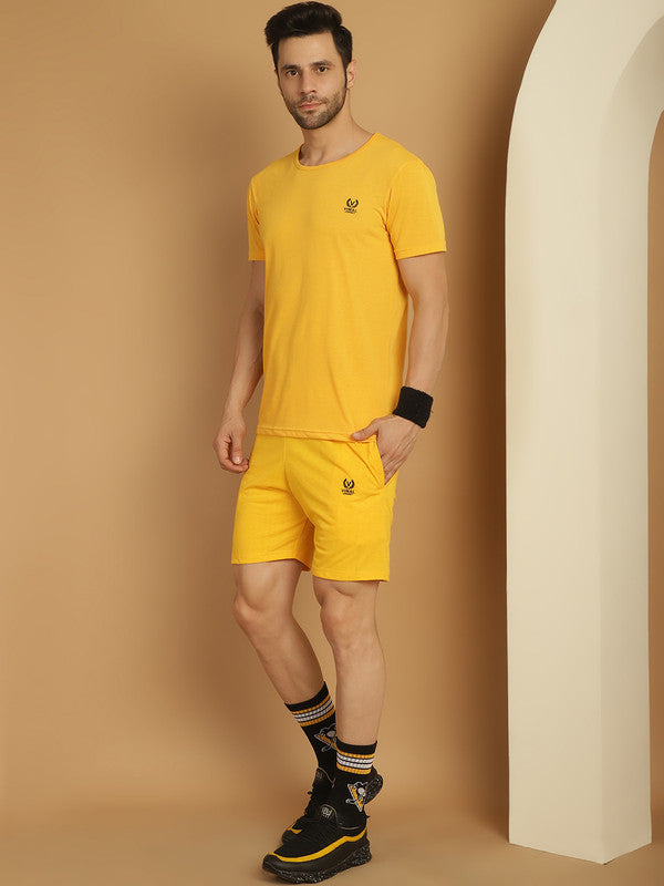 Vimal Jonney Yellow Cotton Solid Co-ord Set Tracksuit For Men(Zip On 1 Side Pocket)