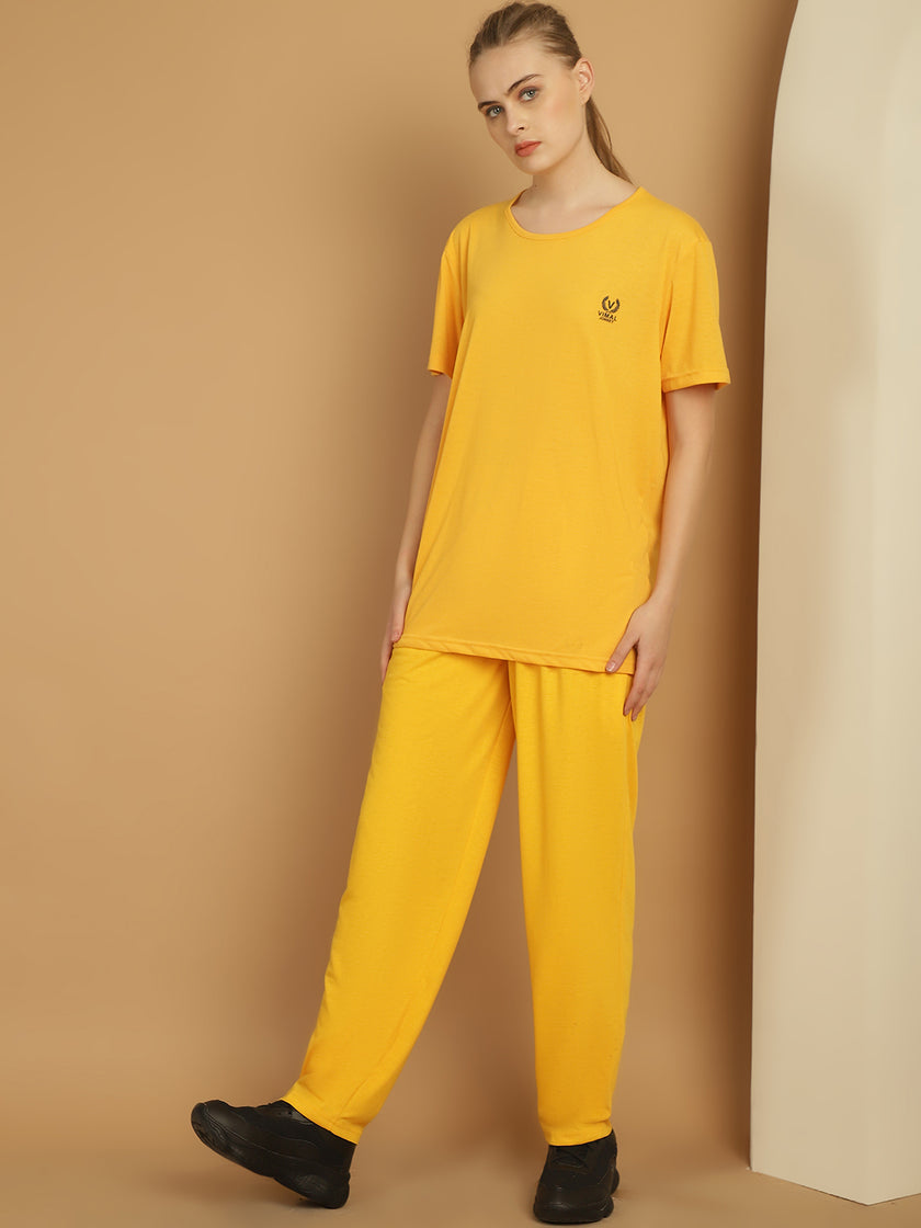 Vimal Jonney Yellow Cotton Solid Co-ord Set Tracksuit For Women