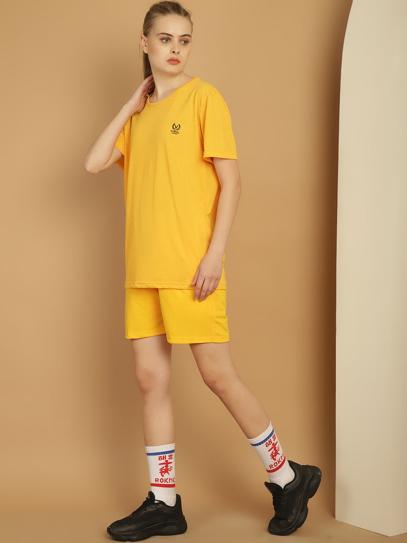 Vimal Jonney Yellow Cotton Solid Co-ord Set Tracksuit For Women