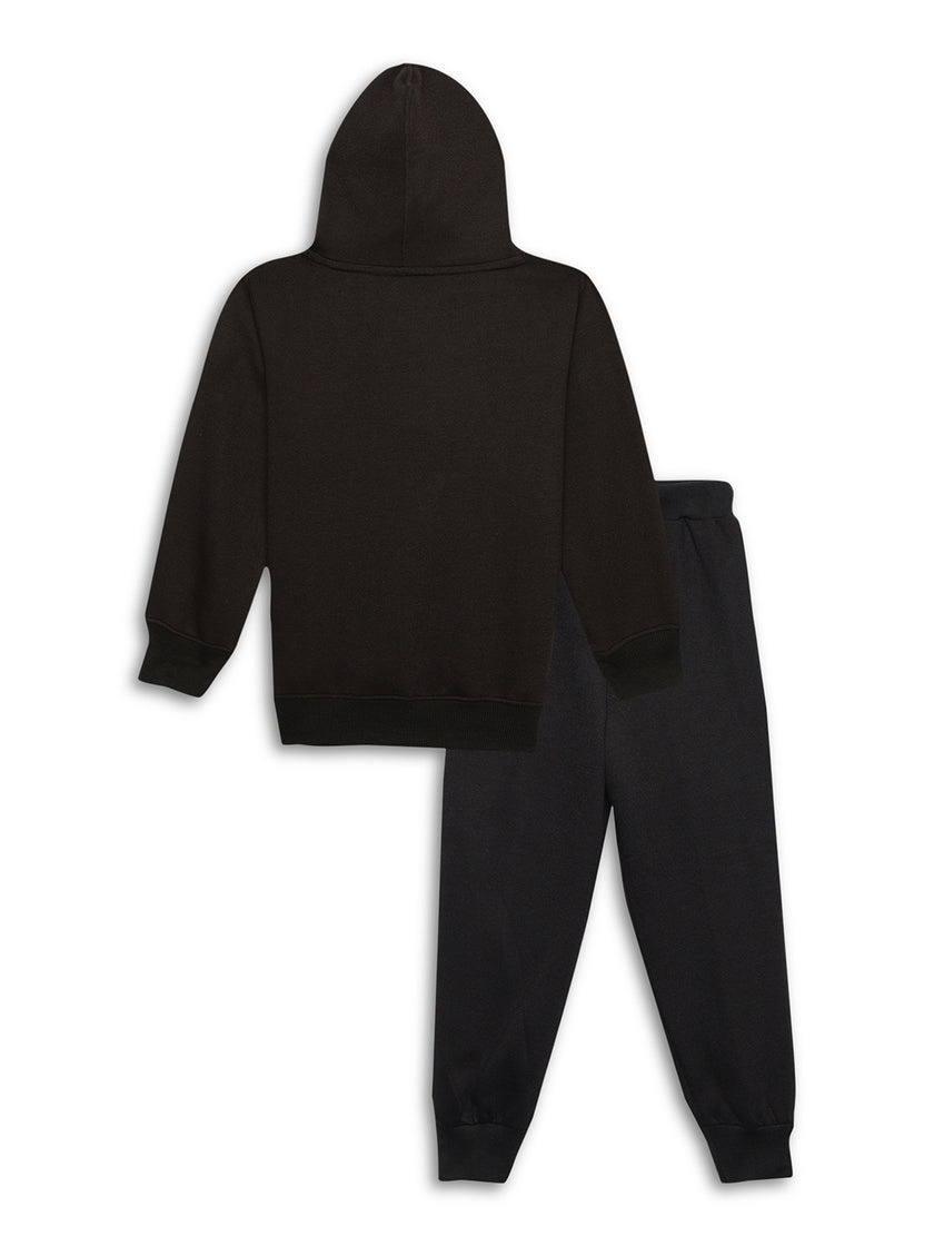 Vimal Jonney Black Printed Hooded Cotton Fleece Tracksuit Co-ord Set for Kids