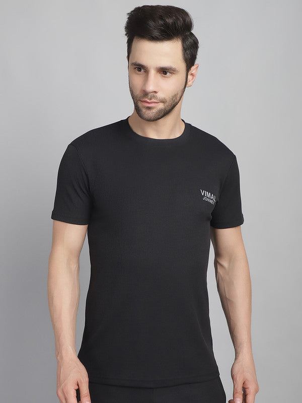 Vimal Jonney Solid Black Round Neck Polyester Lycra Half sleeves Tshirt For Men